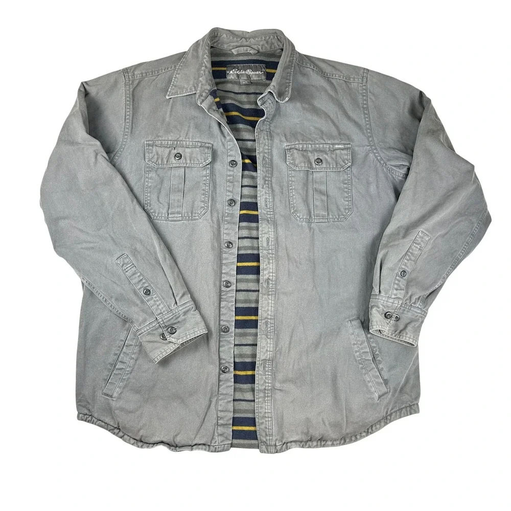 Eddie Bauer Mens Tall Fleece Lined Cotton Twill Shirt Jacket Grey Stripe TL